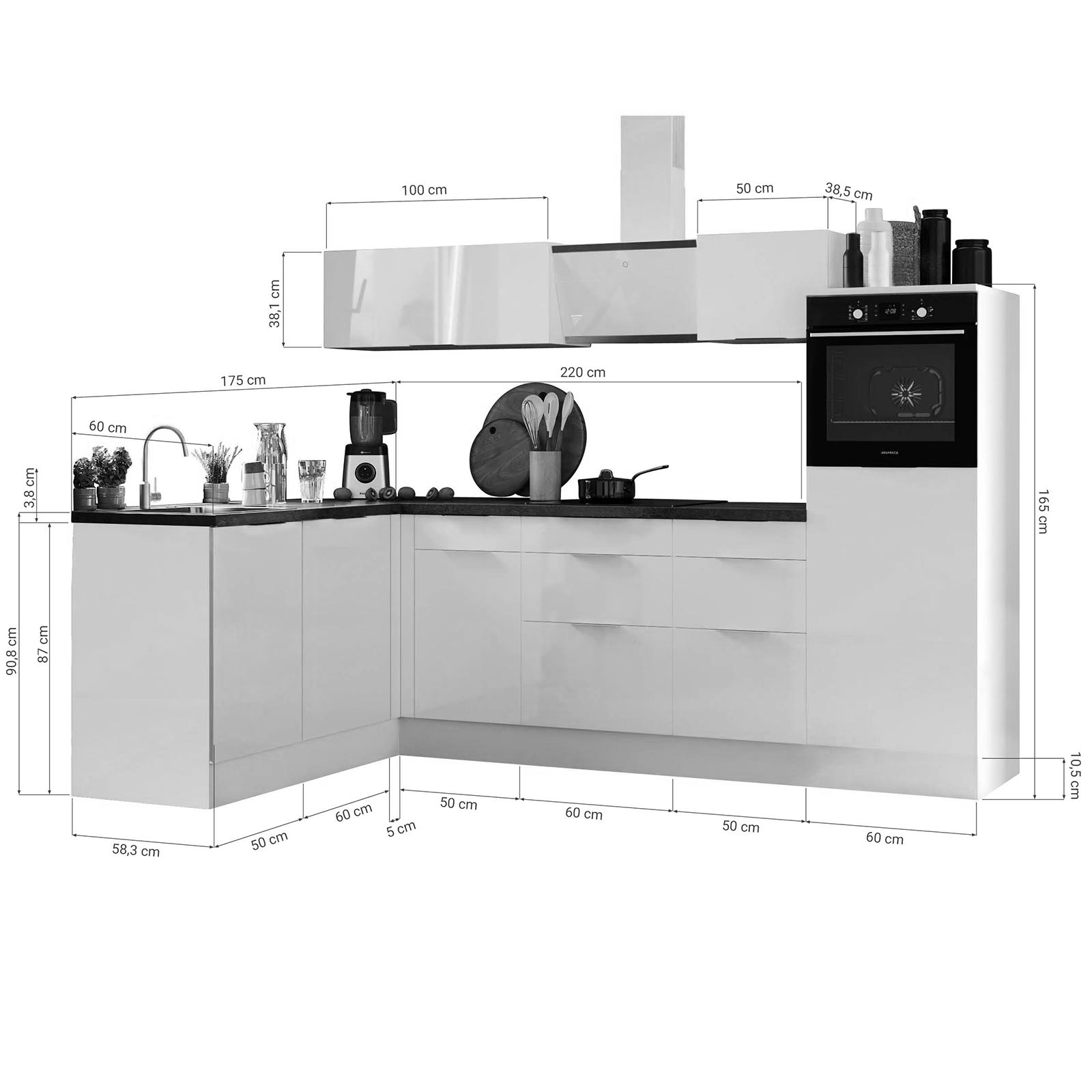 RESPEKTA Winkelküche - weiß Hochglanz - grau matt - mit E-Geräten - 280x175 cm