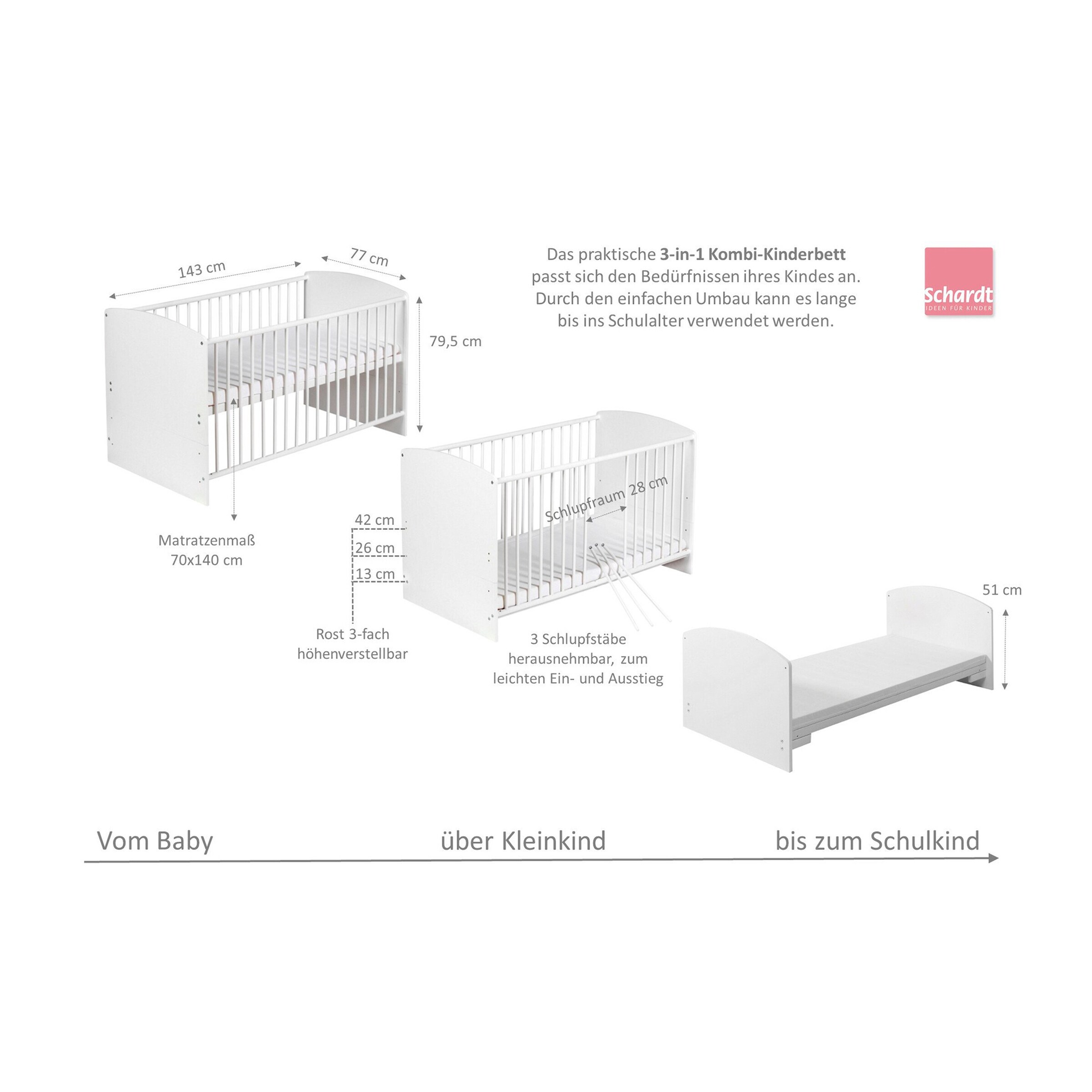 Schardt Babybett mit Ausstattung Classic White 70x140 cm weiß / Origami Beige