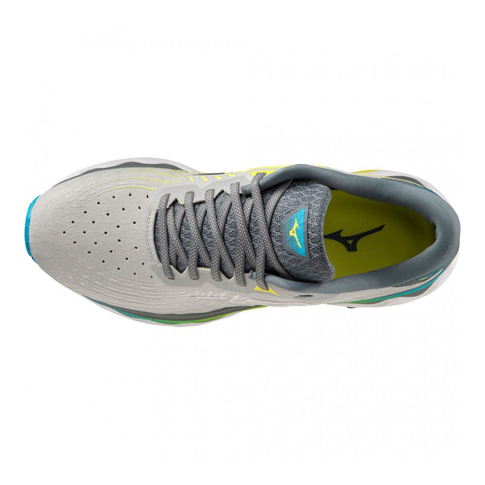 Mizuno WAVE HORIZON 6 - Chaussures running Homme pearl blue/silver/bolt(neon)