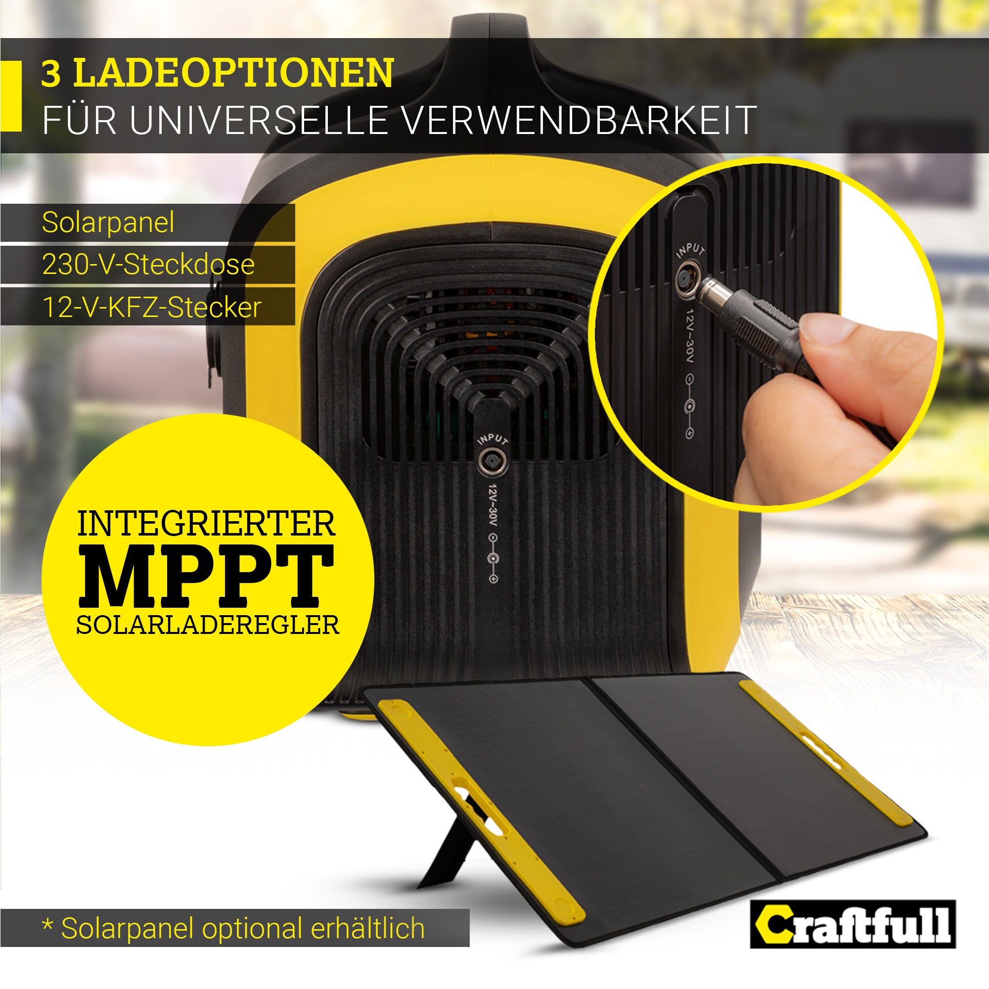 Craftfull Powerstation Adventure CP-600, 595 Wh, 600 Watt, tragbar, Lithium-Akku, Steckdose, USB (Schwarz/Gelb)