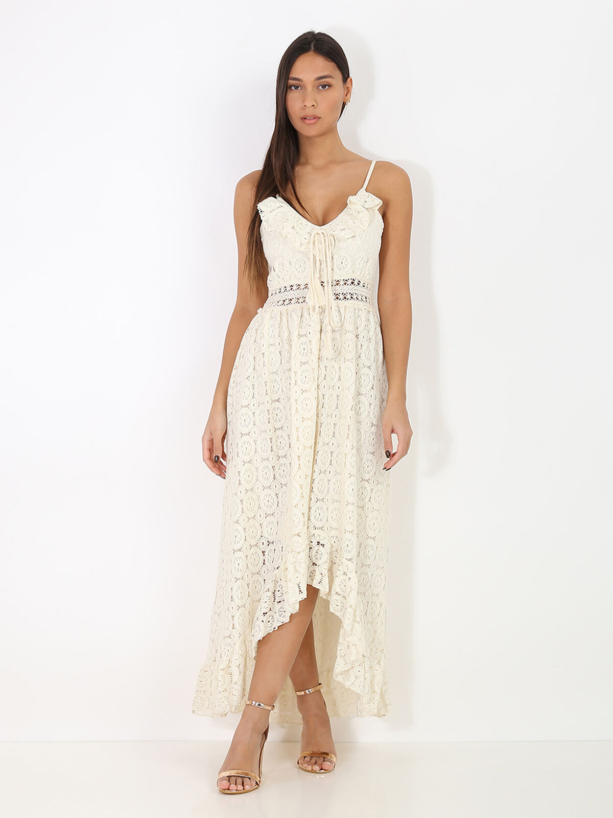 Robe longue à dentelle ajourée et pompons- Beige