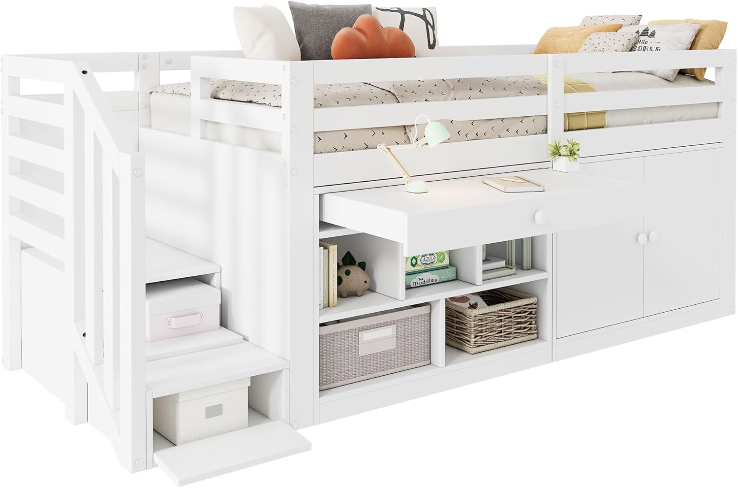 Hochbett 90x200 cm, Kinderbett mit Schrank, Treppe mit Stauraum, Funktionsbett mit Schreibtisch, Etagenbett Stockbett Jugendhochbett, ohne Matratze, Weiß