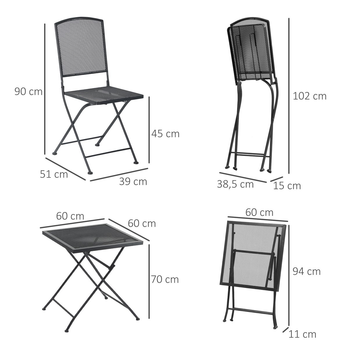 Outsunny 3-delige tuinmeubelset, bistroset, 60L x 60B x 70H cm, metaal, grijs