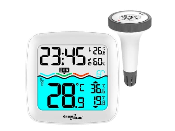 Vejrstation med GreenBlue pooltermometer, rækkevidde 60 m, svømmende sensor, temperatur, tid, kalender, DCF, GB216
