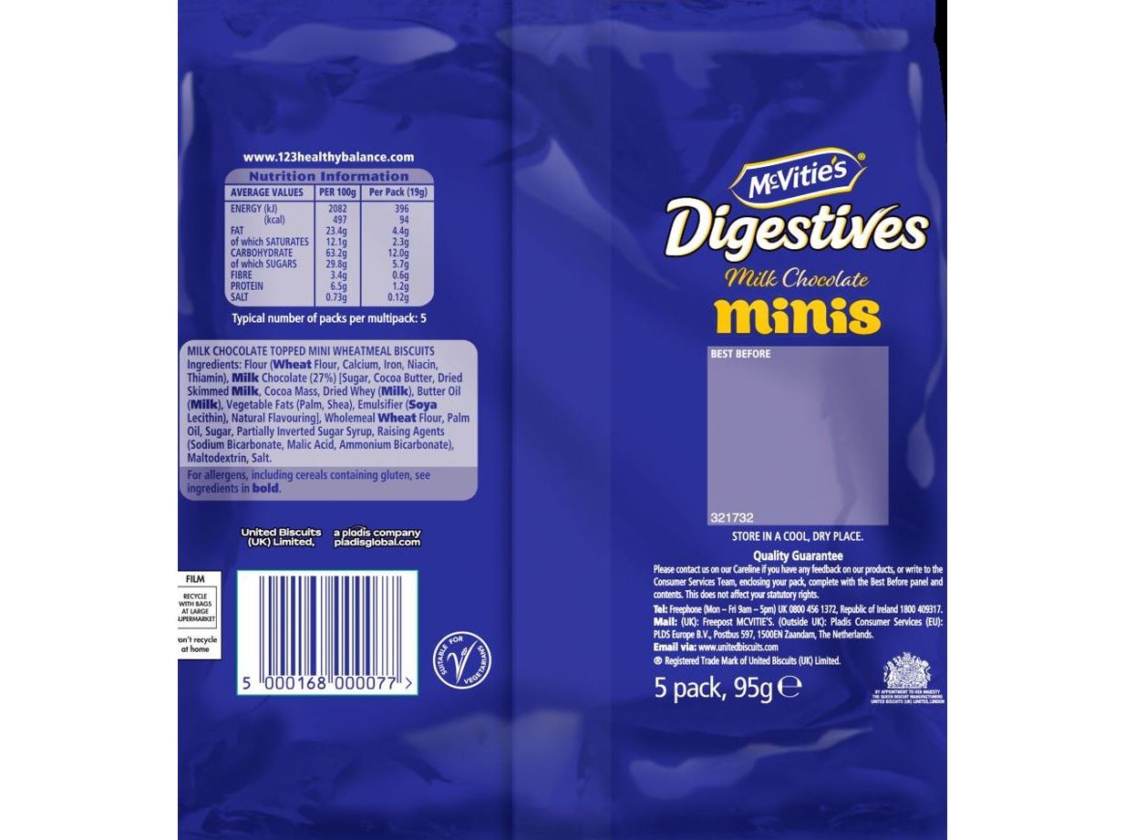 BOLACHA DIGESTIVE MCVITIE'S MINI COBERTA CHOCOLATE 5X19G