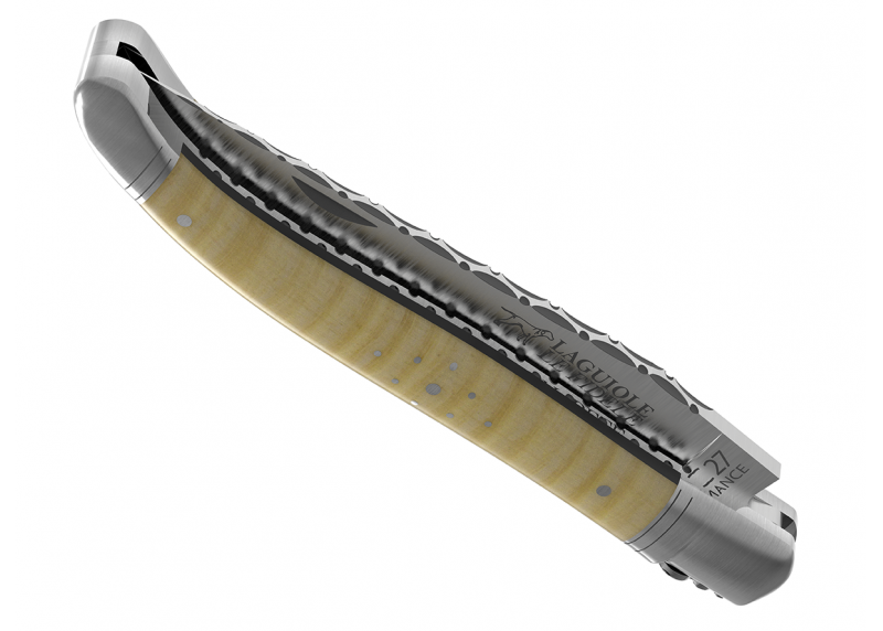 Couteau Laguiole prestige avec un manche en érable onde et mitres en acier inoxydable