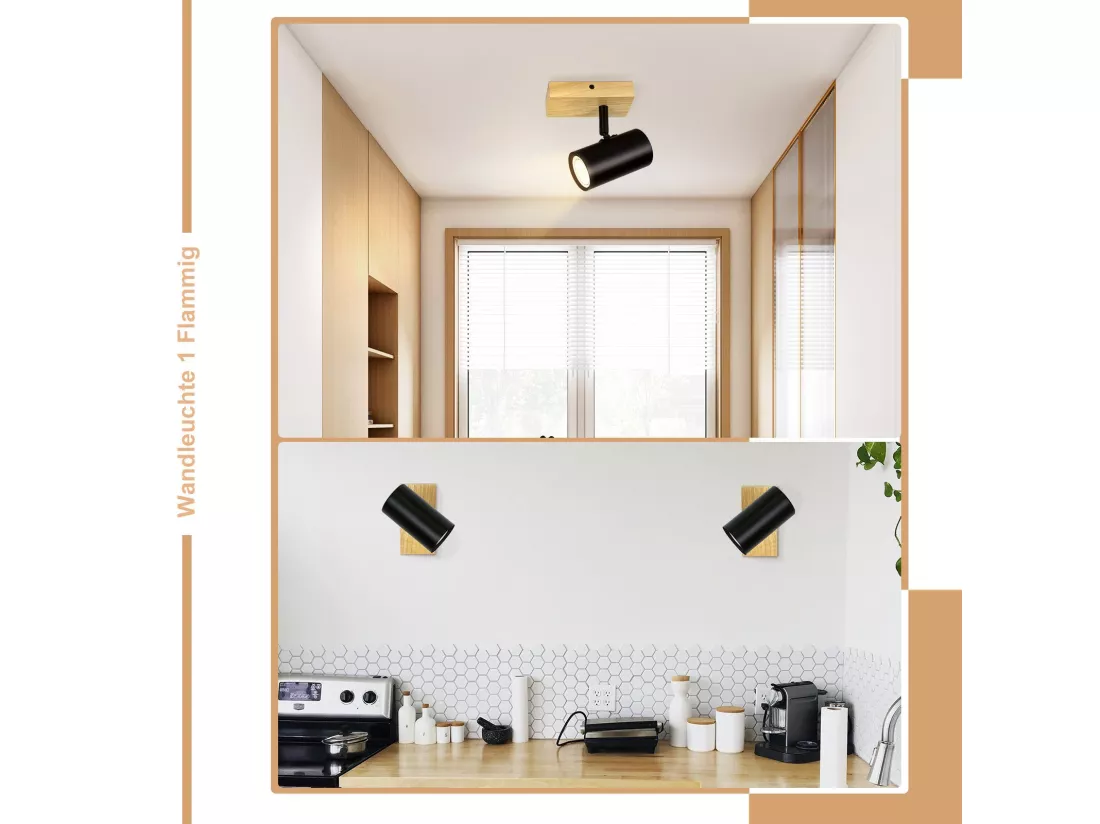 NETTLIFE Plafonnier 1 flamme Bois - Noir Plafonnier couloir Métal Rétro GU10 350°Plot de plafond pivotant Max.40W