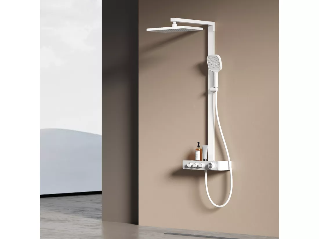 EMKE Colonne de douche Thermostat – Blanc Mat, Régulation innovante du débit, douche à effet pluie de 36x24 cm, douchette à main avec 3 jets