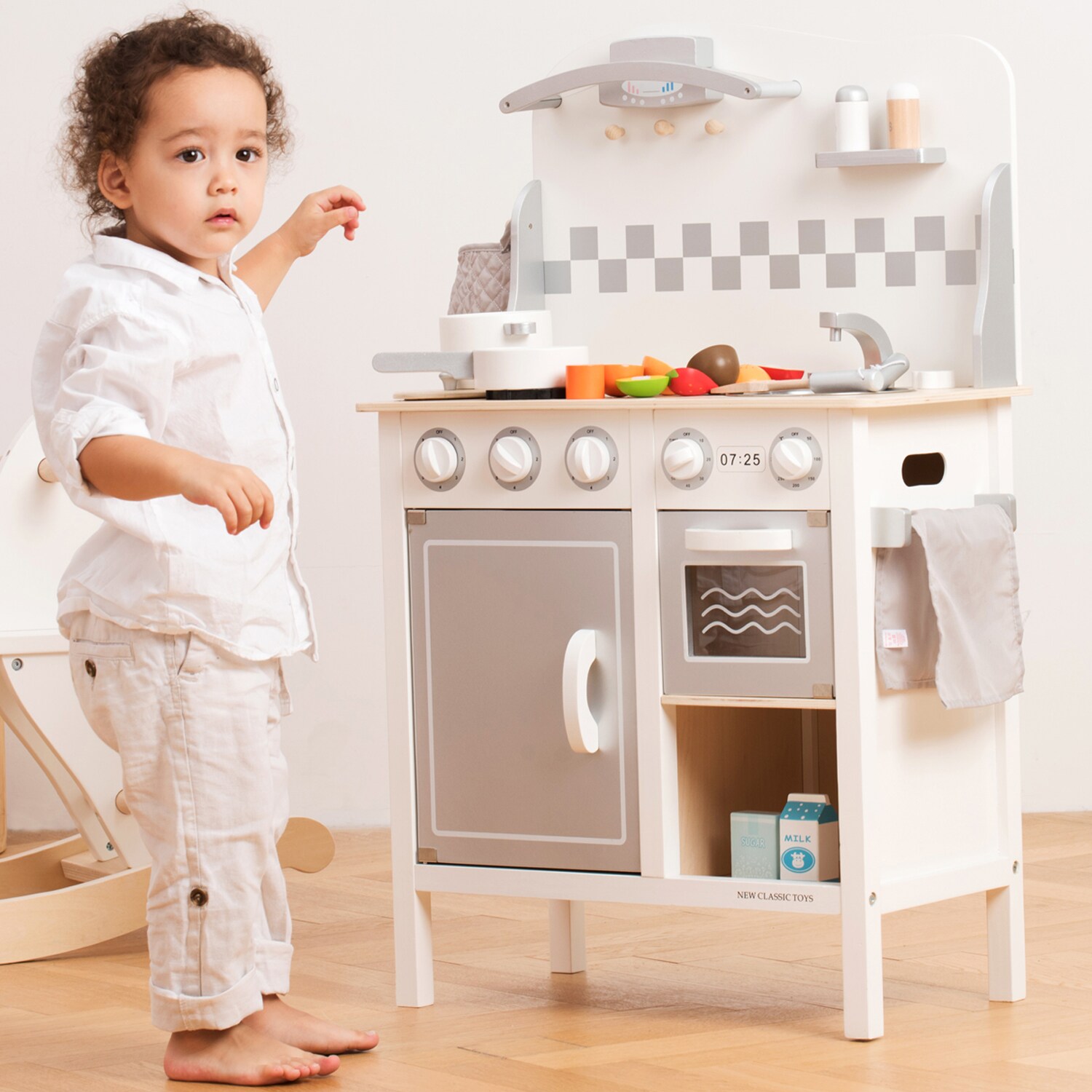 Küchenzeile Kinderküche Holz Bon Appetit DeLuxe weiß silber Holz