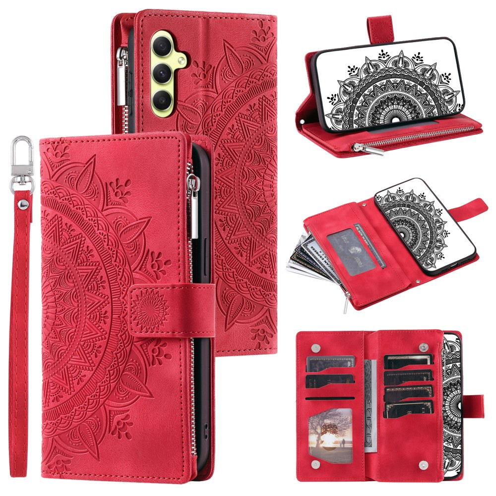 Samsung Galaxy A55 Leder Tasche Flip Cover mit Reissverschluss - Mandala Flowers Imprint - Rot