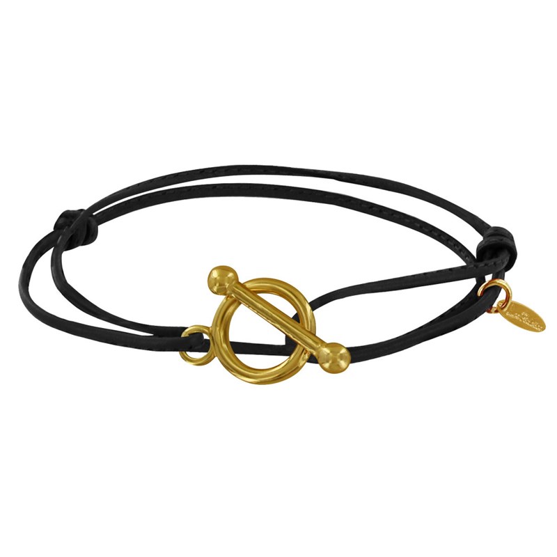 Bracelet Double Tour Plaqué Or Fermoir T et Lien en Cuir Coulissant - Noir