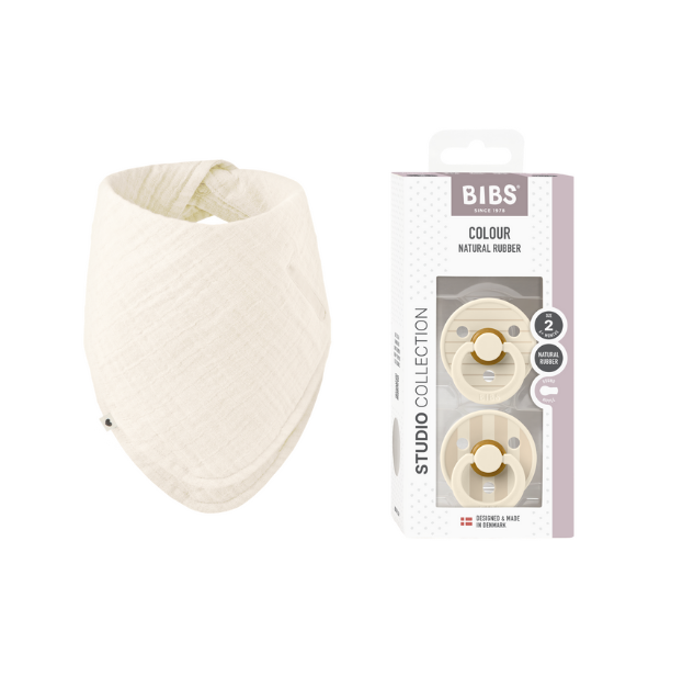 BIBS - Pacifier Studio Colour 2 Pack - Ivory/Vanilla - Size 2 + Bandana Bib - Ivory - One Size (Bundle)
