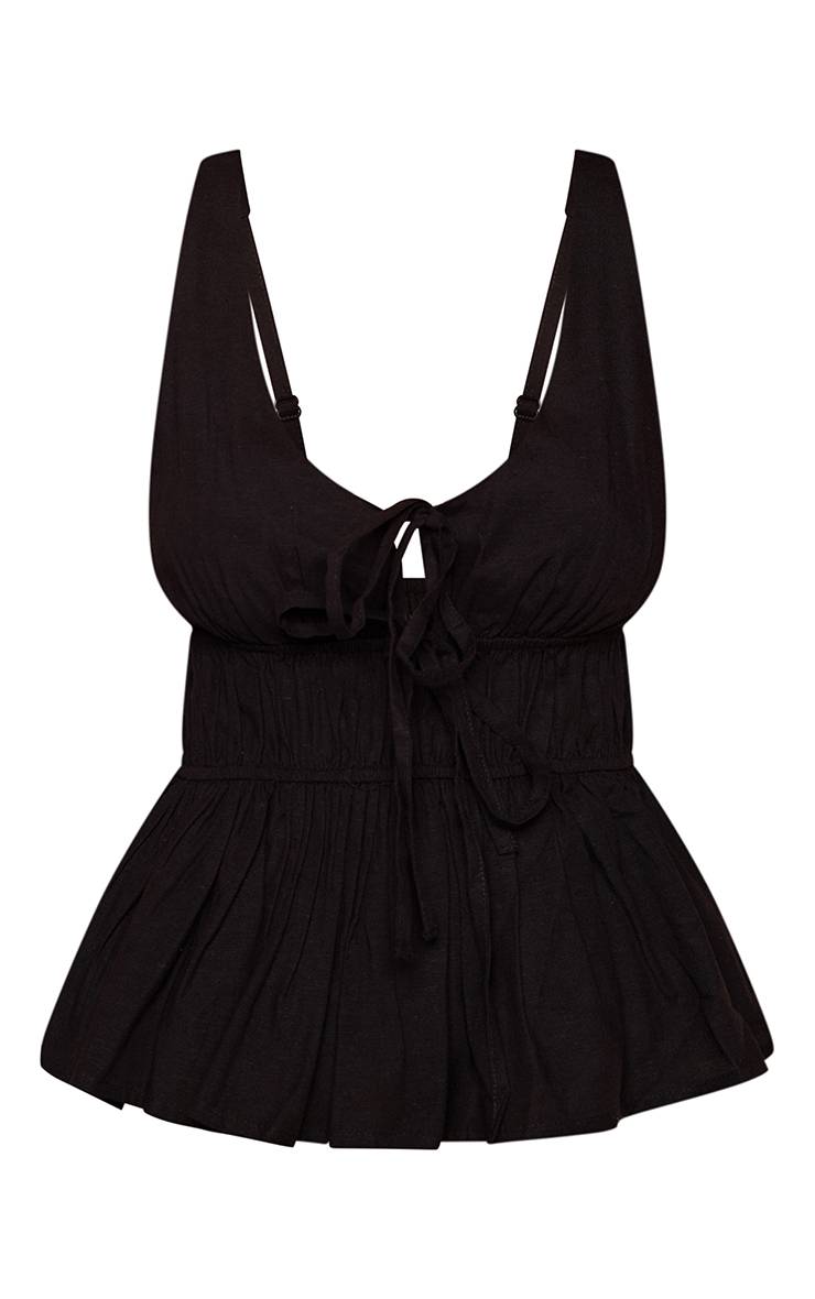 Noir Top Caraco En Coton À Détail Froncé Et Décolleté Plongeant