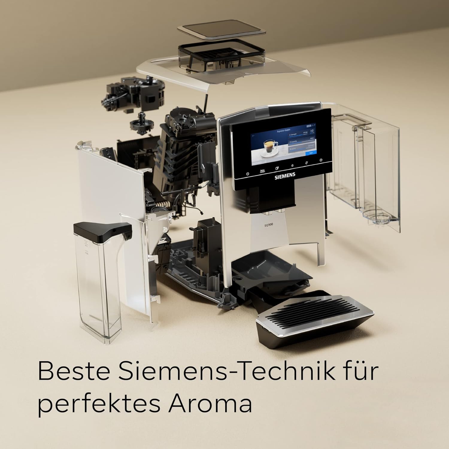 Siemens, machine à café automatique EQ900 TQ903D03, contrôle par l'application, écran tactile, mode barista, AromaBoost, réduction du bruit, broyeur premium, nettoyage à la vapeur, 1 500 W, inox