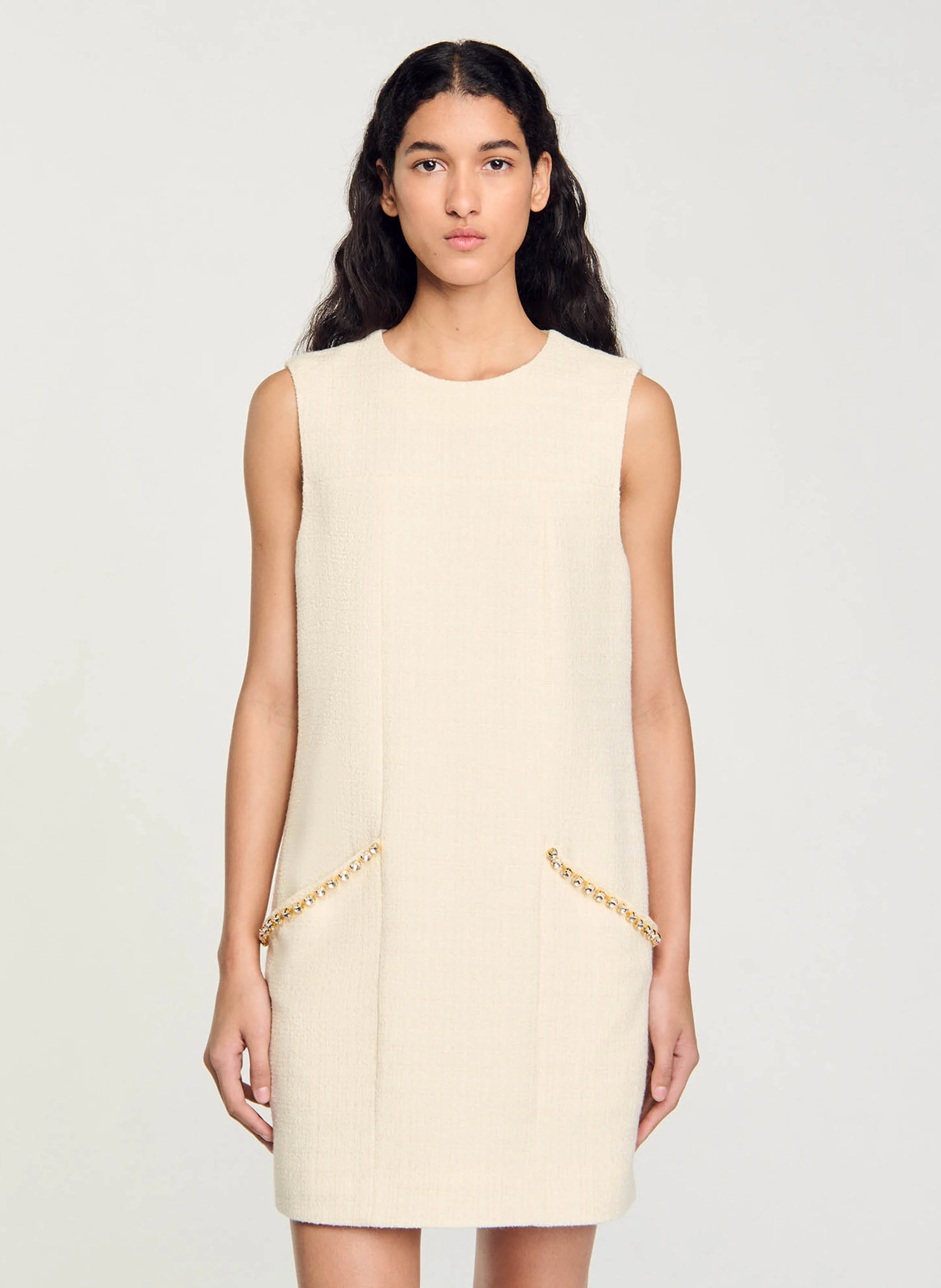 Robe courte col rond en tweed | Blanc