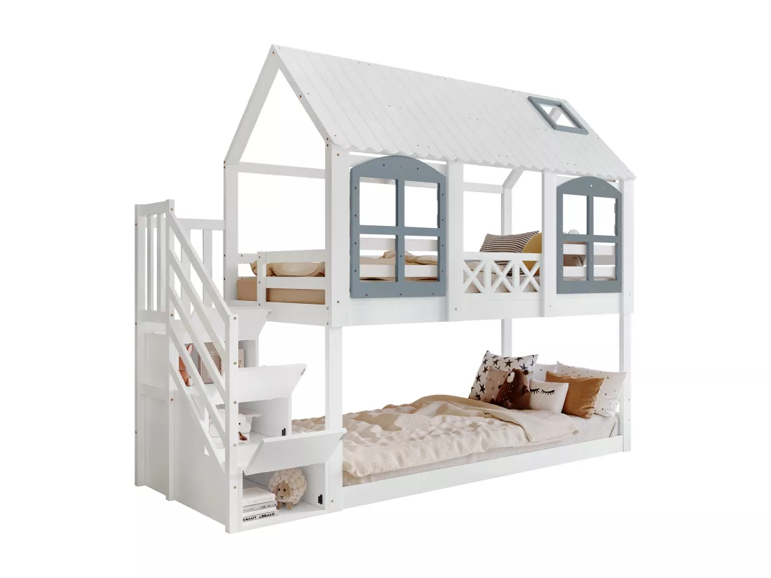 Lit superposé 90x200cm en bois - avec escalier de rangement - Blanc