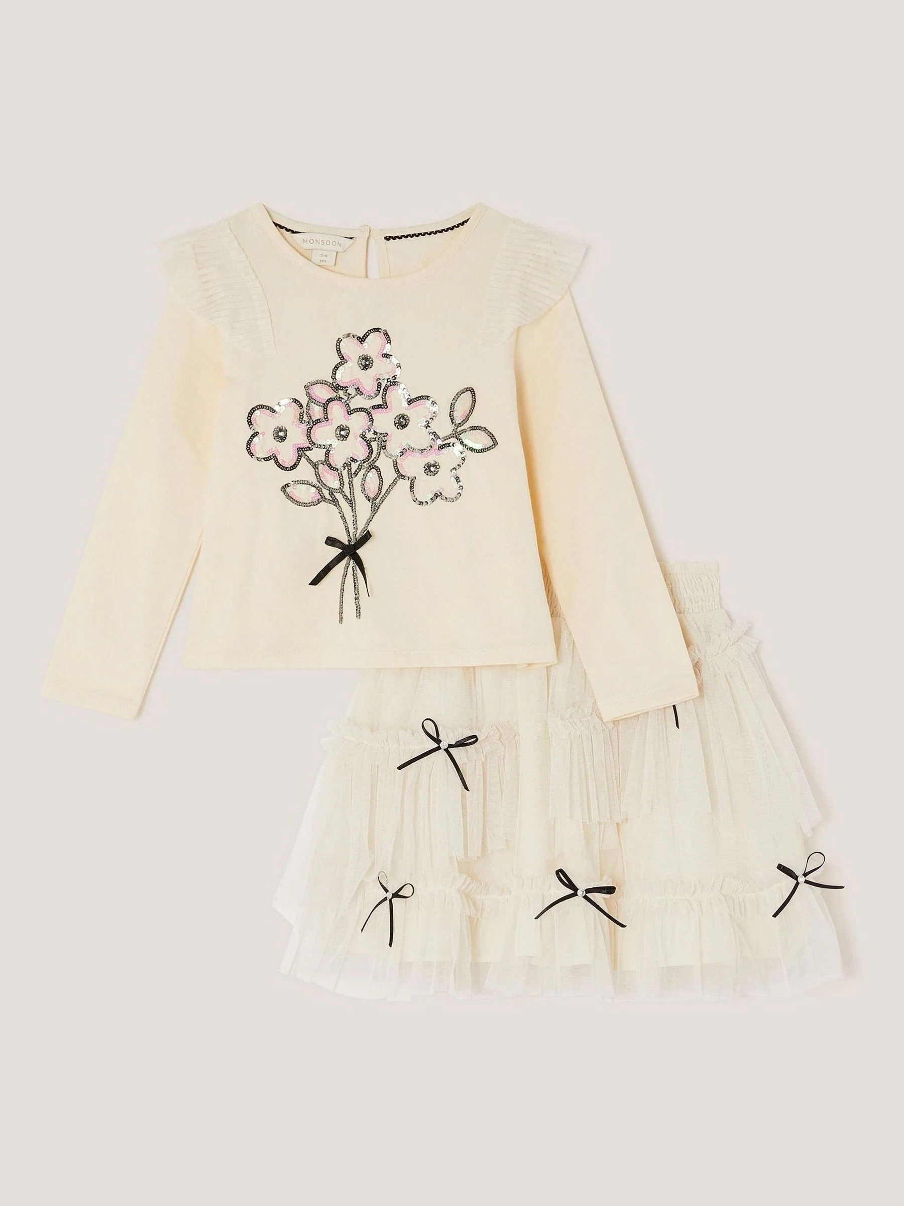 Monsoon Floral Print Sequin Top & Bow Mesh Skirt Set