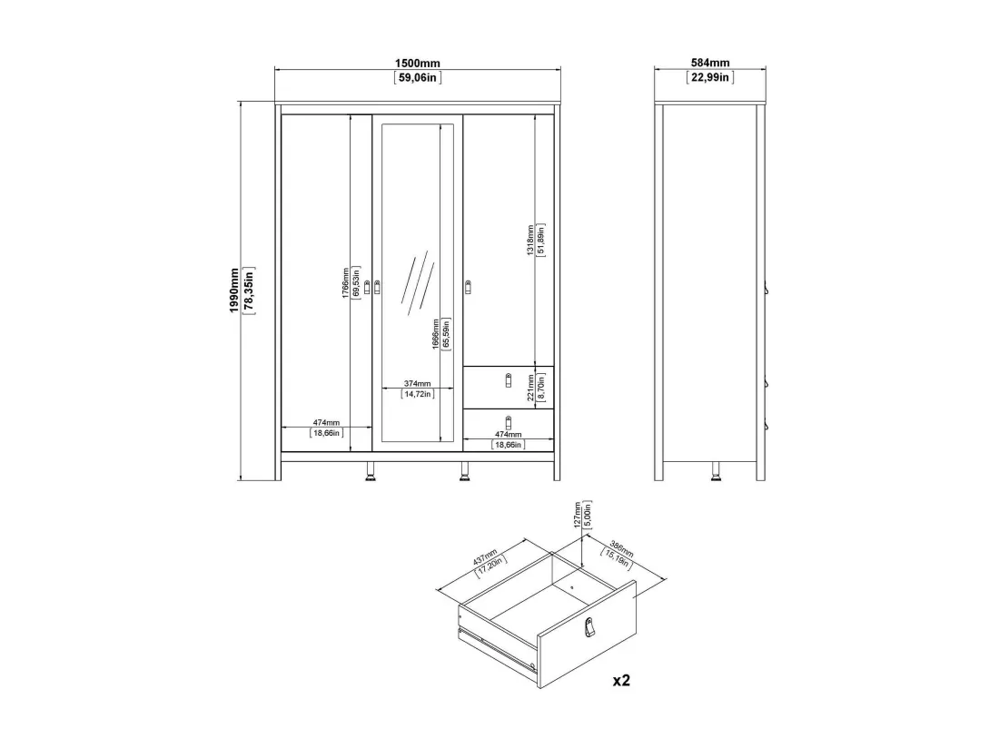 Garde-robe 3 portes Dselvagg, Meubles de chambre, Penderie de plain-pied, Placard à vêtements, 150x58 h199 cm, Blanc