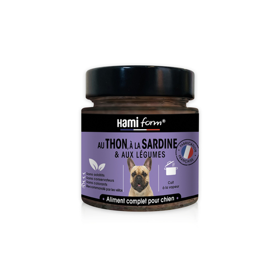 Menu cuisiné pour chien au thon, à la sardine et aux légumes 250g
