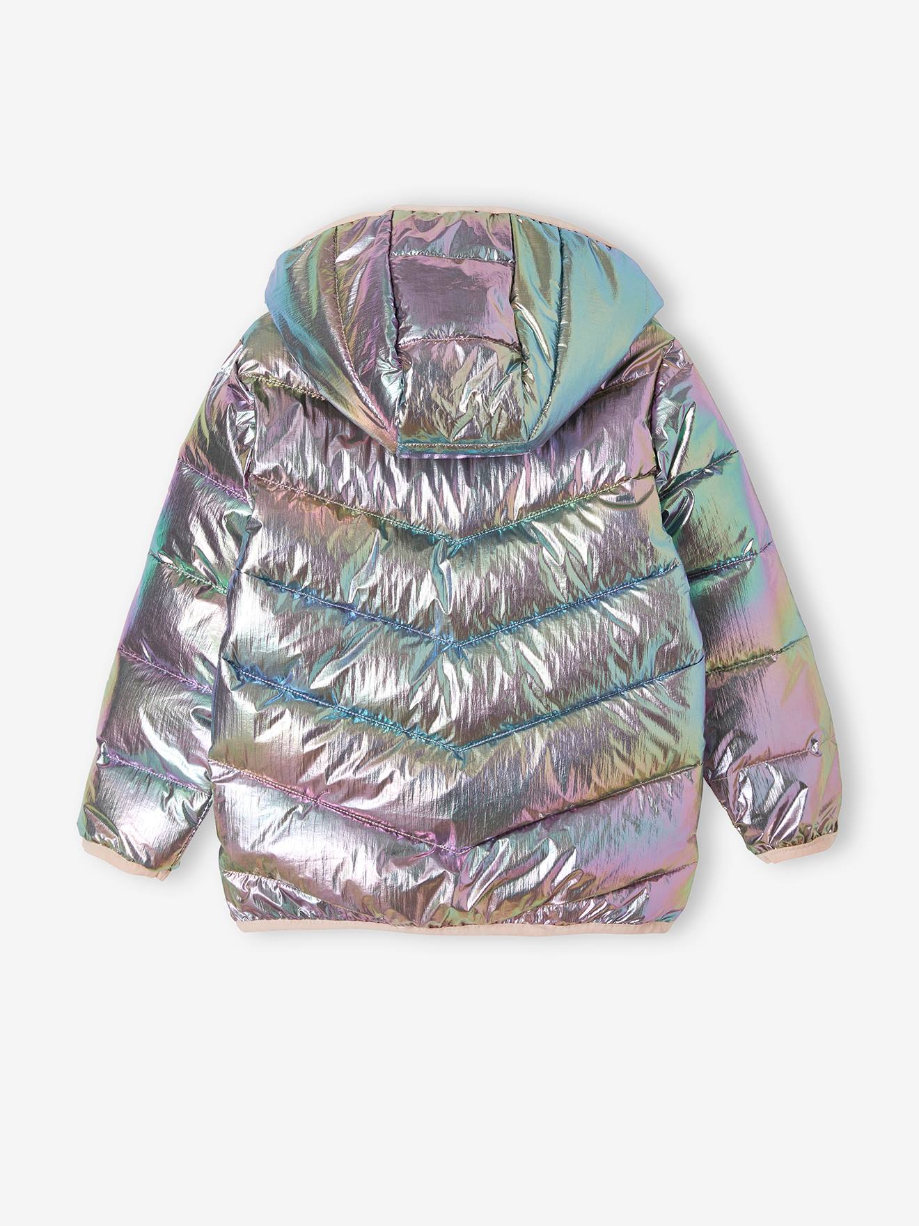 Jaqueta acolchoada leve com efeito iridescente brilhante para meninas, cinza metálico claro