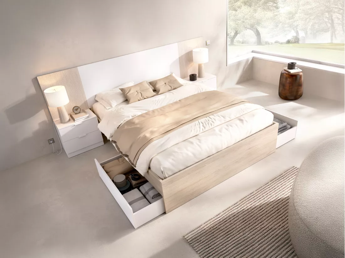 Lit avec chevets 140 x 190 cm - Coloris : Naturel et blanc + Sommier + Matelas - PELORVA
