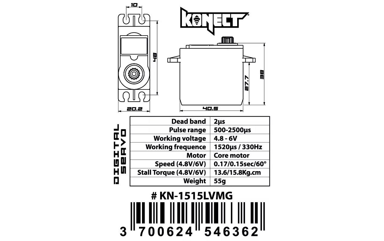 Standard Servo 1515LVMG 15.8 kg, 0.15 s, DigitalDigitales Standard-Servo mit Metallgetriebe