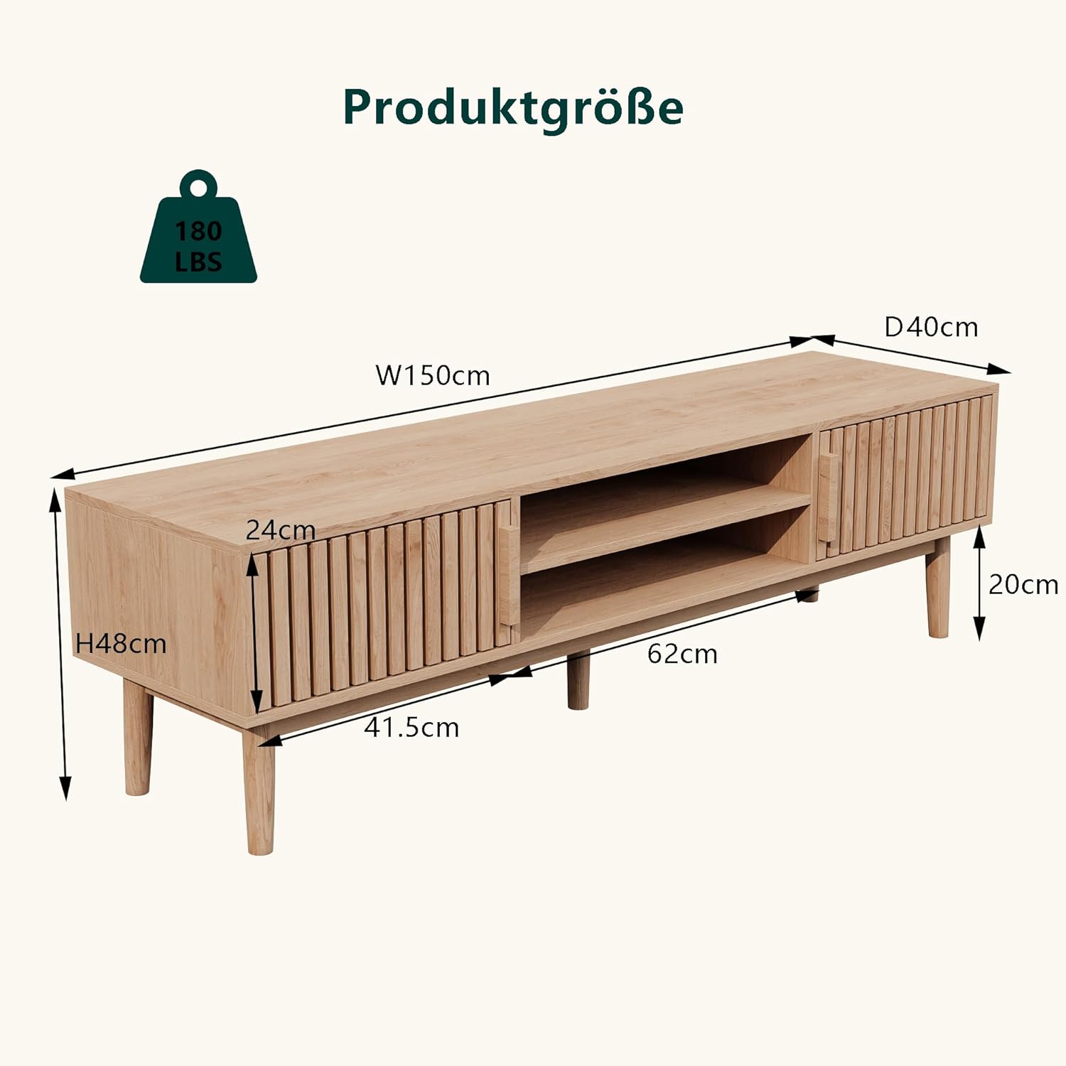 TV-Schrank 150 cm, TV Stand mit 2 Schränken und offenen Regalen, Holz TV Ständer Schrank, TV-Möbel für Wohnzimmer (TV-Ständer)
