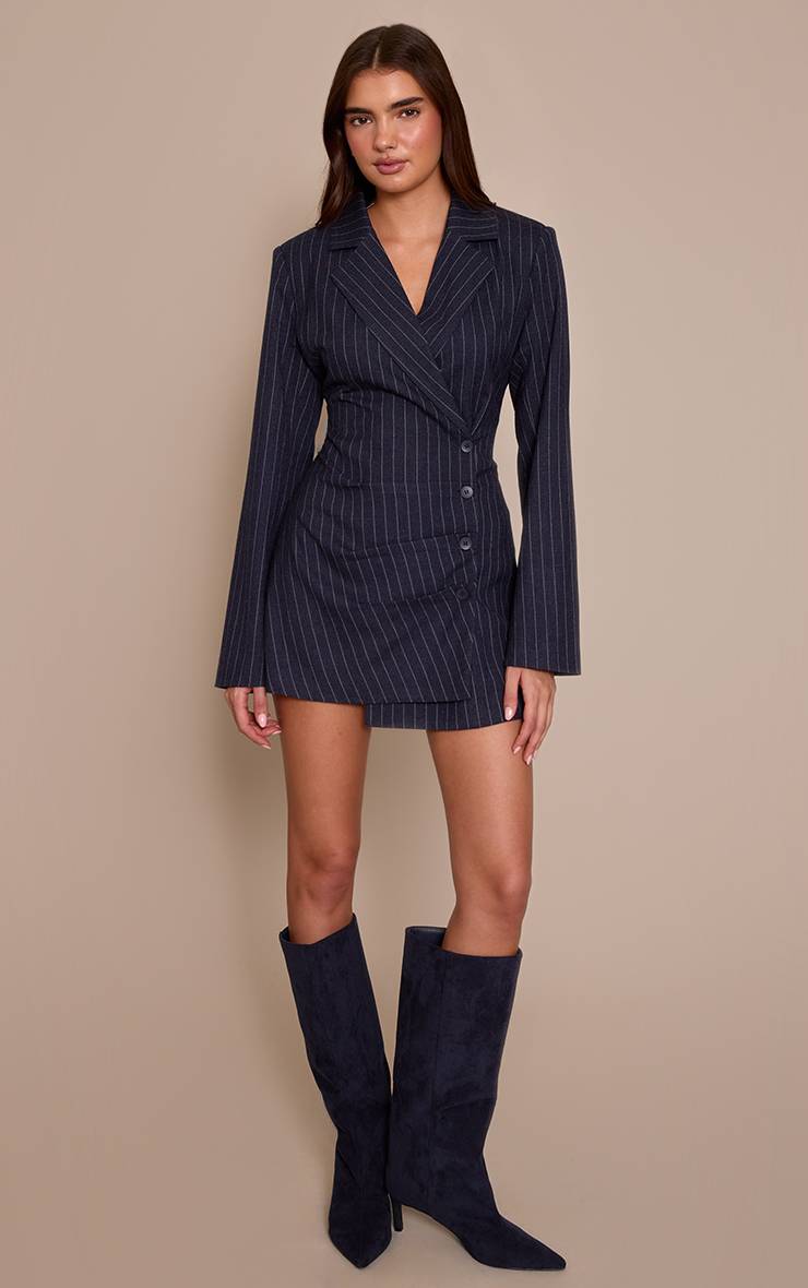 Bleu Marine Robe Blazer À Rayures Fines Avec Détail Plissé