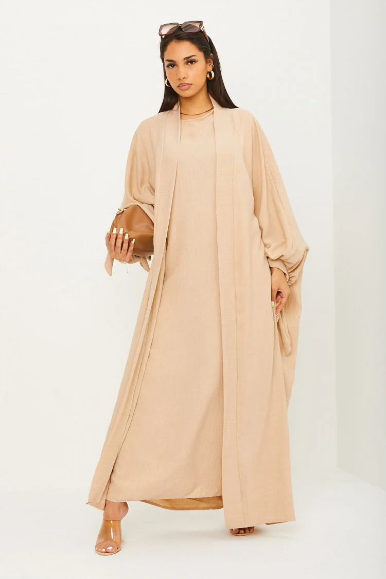 Ensemble effet lin 2 pièces kimono + robe beige