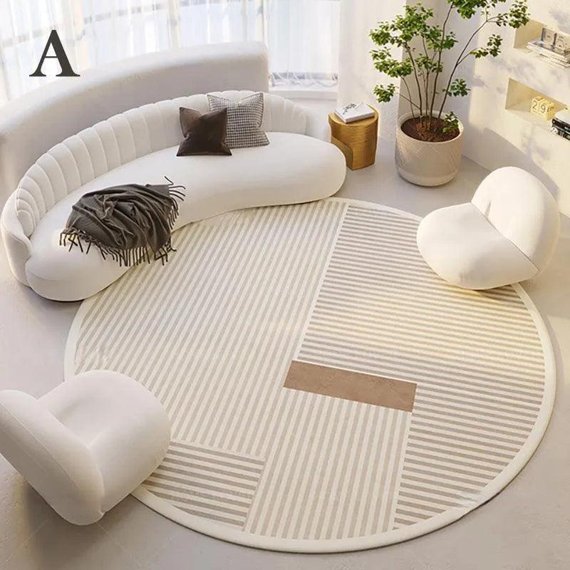 Modern Style Round Decorative Rug | Neutral Tone Large Plush Carpet | Minimal Simple Lounge Floor Mat