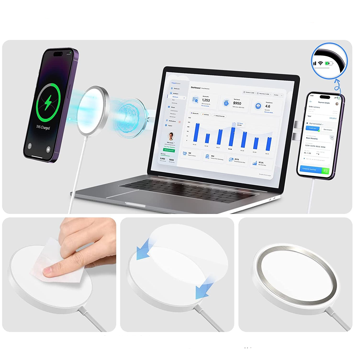 Selbstklebende Aluminium Laptop Erweiterung Magnetische Smartphone Webcam iPhone Halterung mit Magsafe inkl. Magnet Ring - Silber