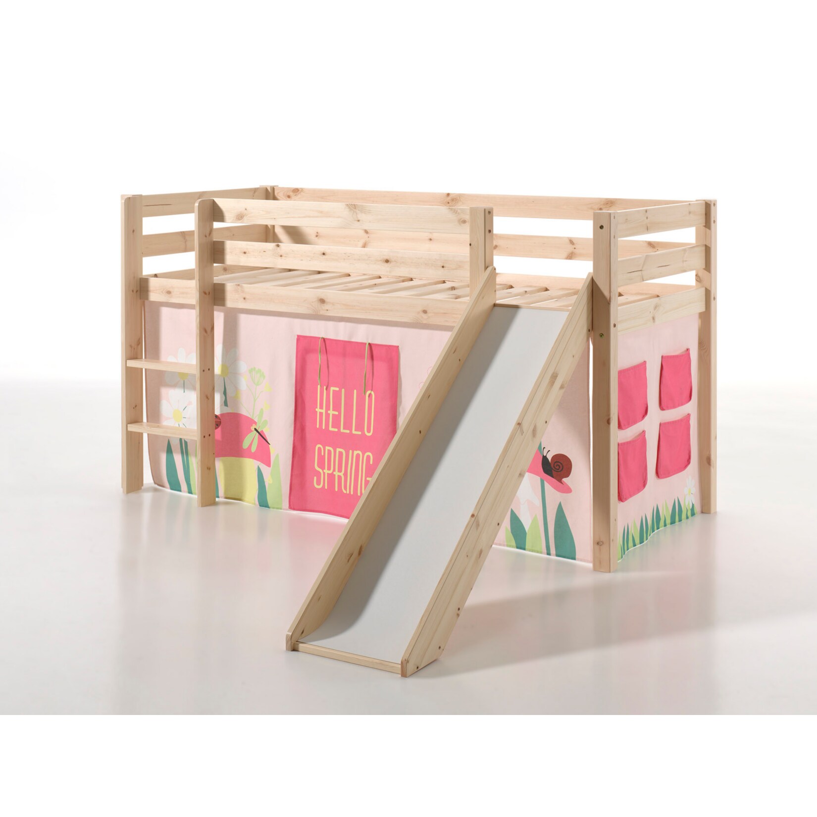 Vipack Spielbett Pino inkl. Rutsche, Kiefer massiv natur mit Vorhang - Dessin Spring
