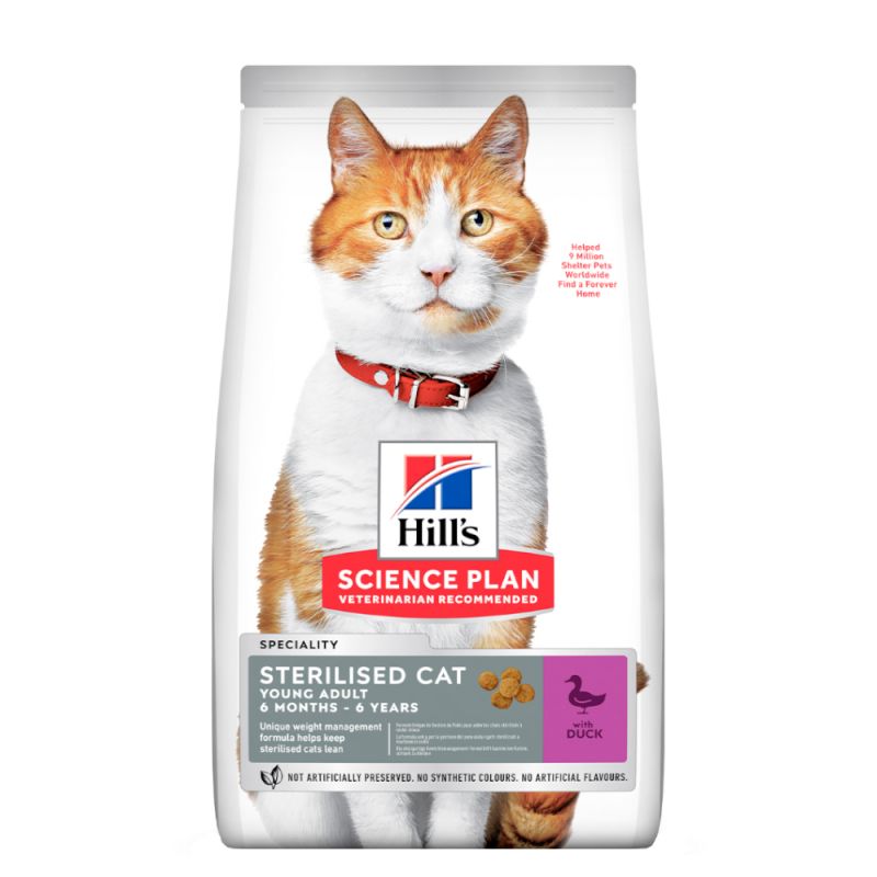 Ração para gatos Hill's Science Plan, esterilizada, para patos jovens adultos.