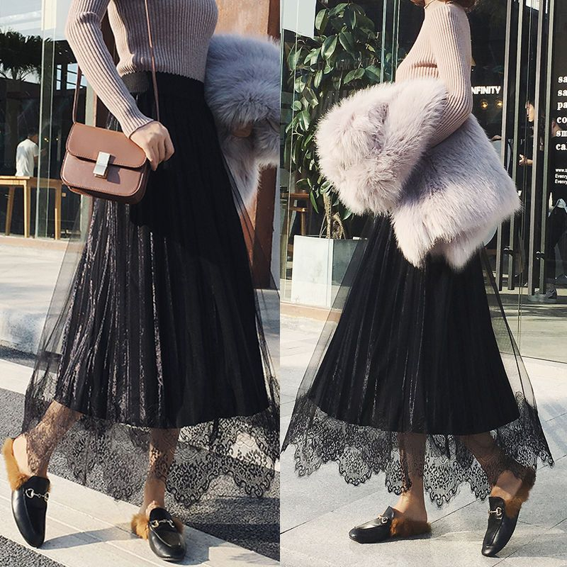 Juuri - Midi fluwelen rok met kanten overlay