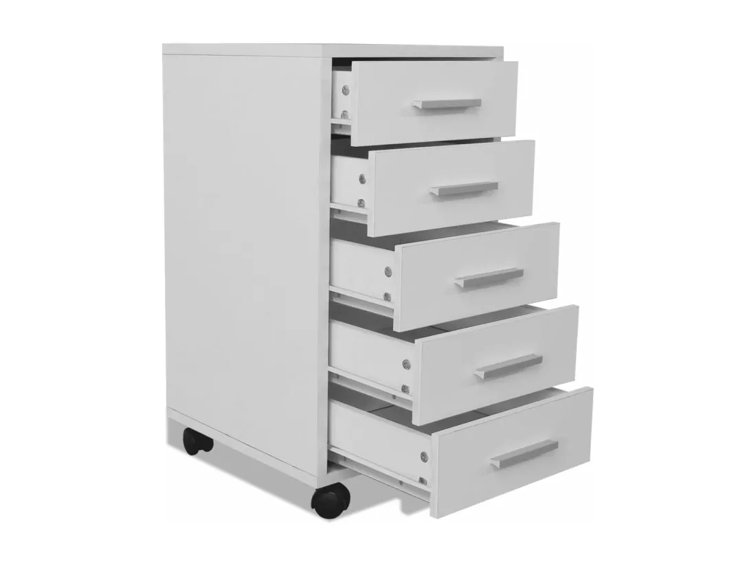 Caisson à tiroir de bureau avec roulettes et 5 tiroirs blanc