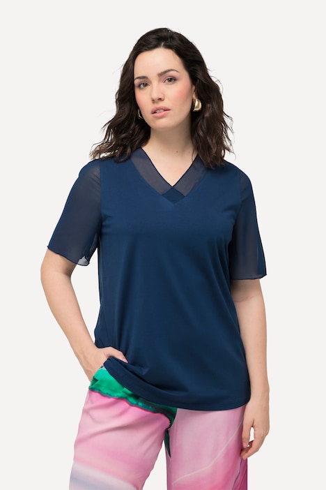 T-Shirt, Chiffon-Blende, V-Ausschnitt, Chiffon-Halbarm