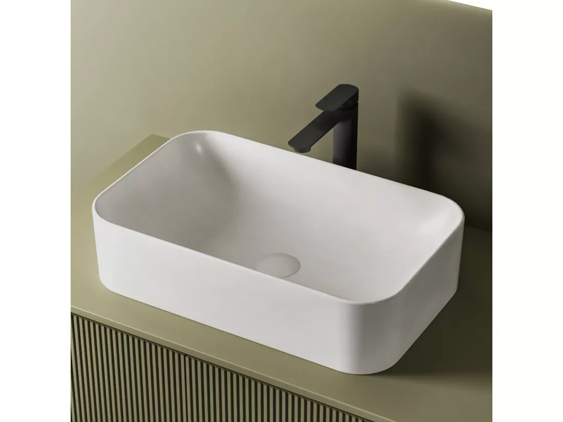 EMKE Vasque à Poser 610 x 380 x 150 mm, Lavabo Rectangulaire en Céramique pour Salle de Bain, Design Angles Arrondis R, Blanc Mat