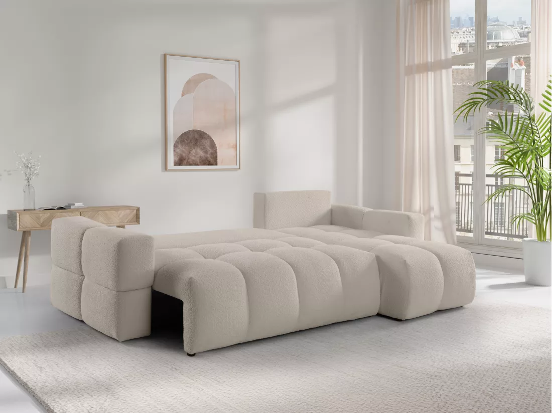 Canapé d'angle réversible convertible en tissu bouclette beige ISSORO II