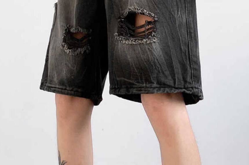 Fushet - Mid Rise Washed Distressed Denim Wijde Pijpen Jorts