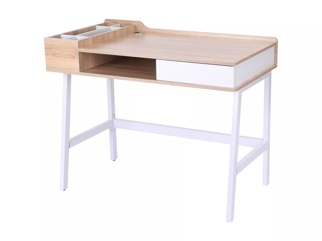 Bureau informatique multi-rangement style contemporain dim. 100L x 55l x 82H cm métal blanc MDF chêne clair