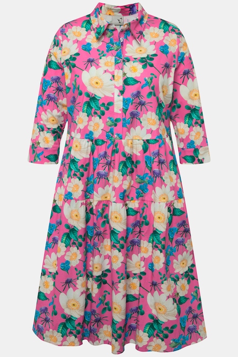 Hemdblusenkleid, Blüten, A-Linie, Hemdkragen, 3/4-Arm