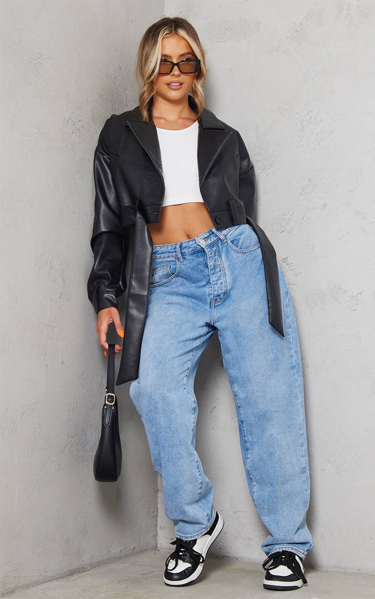Noir Veste De Motard Courte Oversize Avec Ceinture À L'ourlet