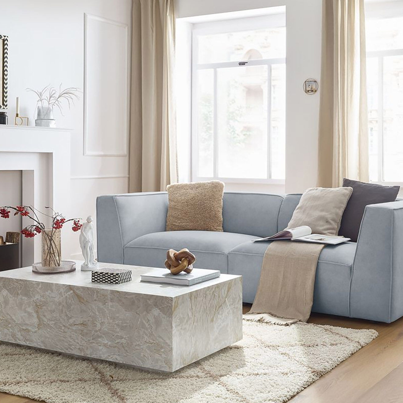 Bobochic Canapé droit fixe 3 places en Velours Molière gris clair - 233x99x71 cm