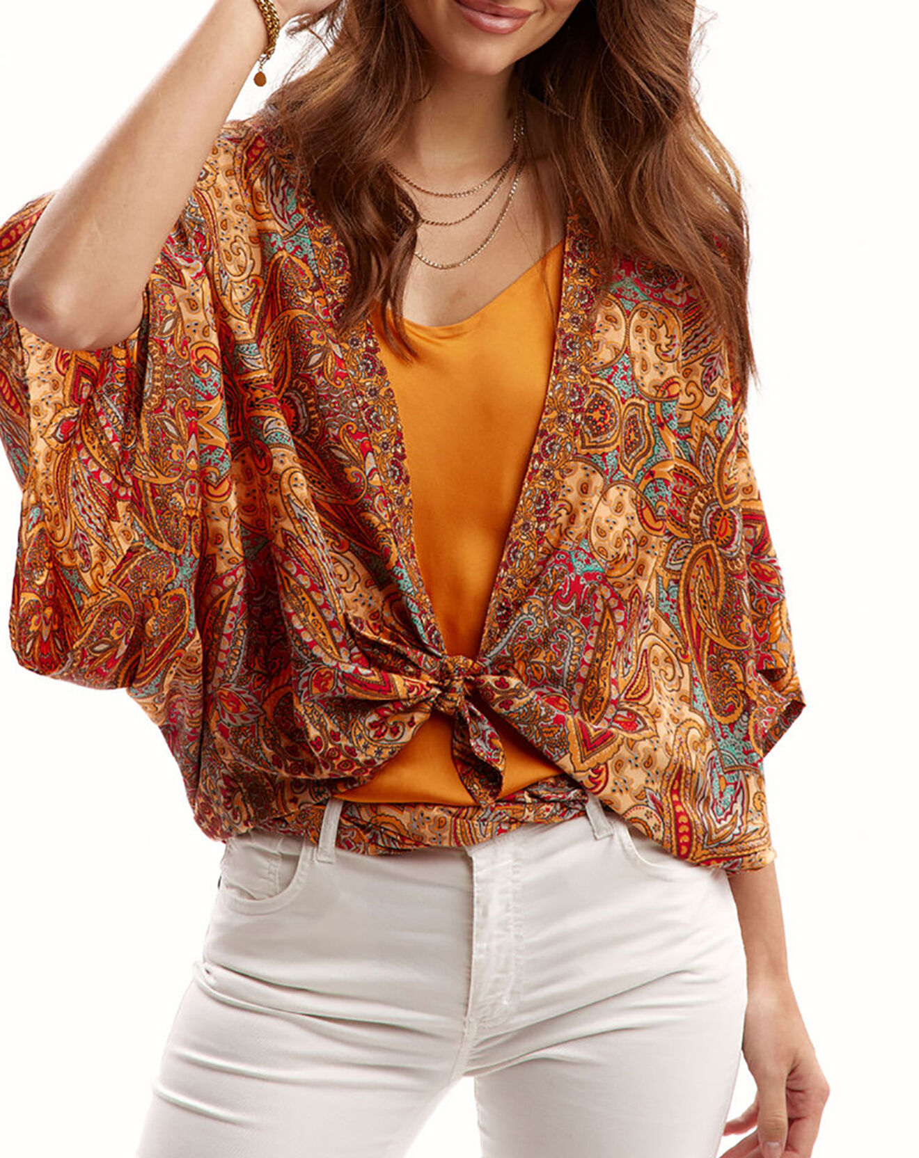 Lauren Vidal Kimono en Soie mélangée Sasha imprimé papaye