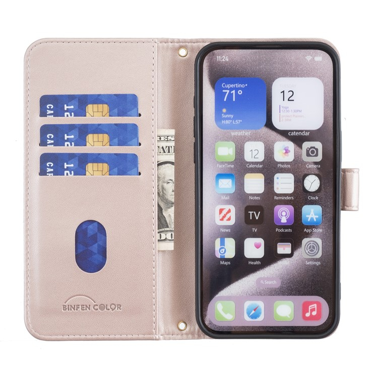 iPhone 16e Leder Tasche Flip Cover Kartenfächer Gittermuster   Handschlaufe - Roségold