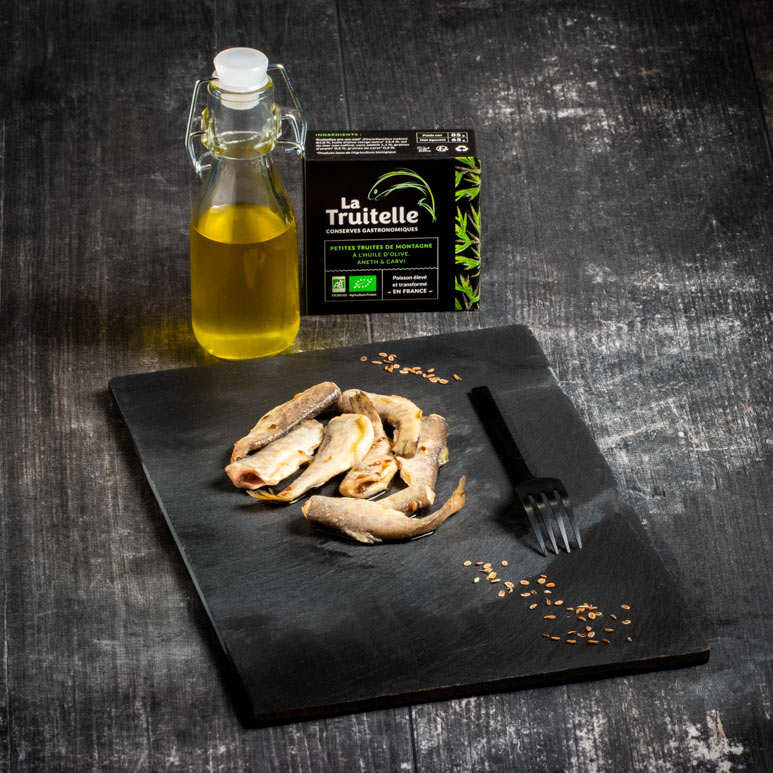 Petites truites de montagne - Huile d'olive, aneth et carvi bio