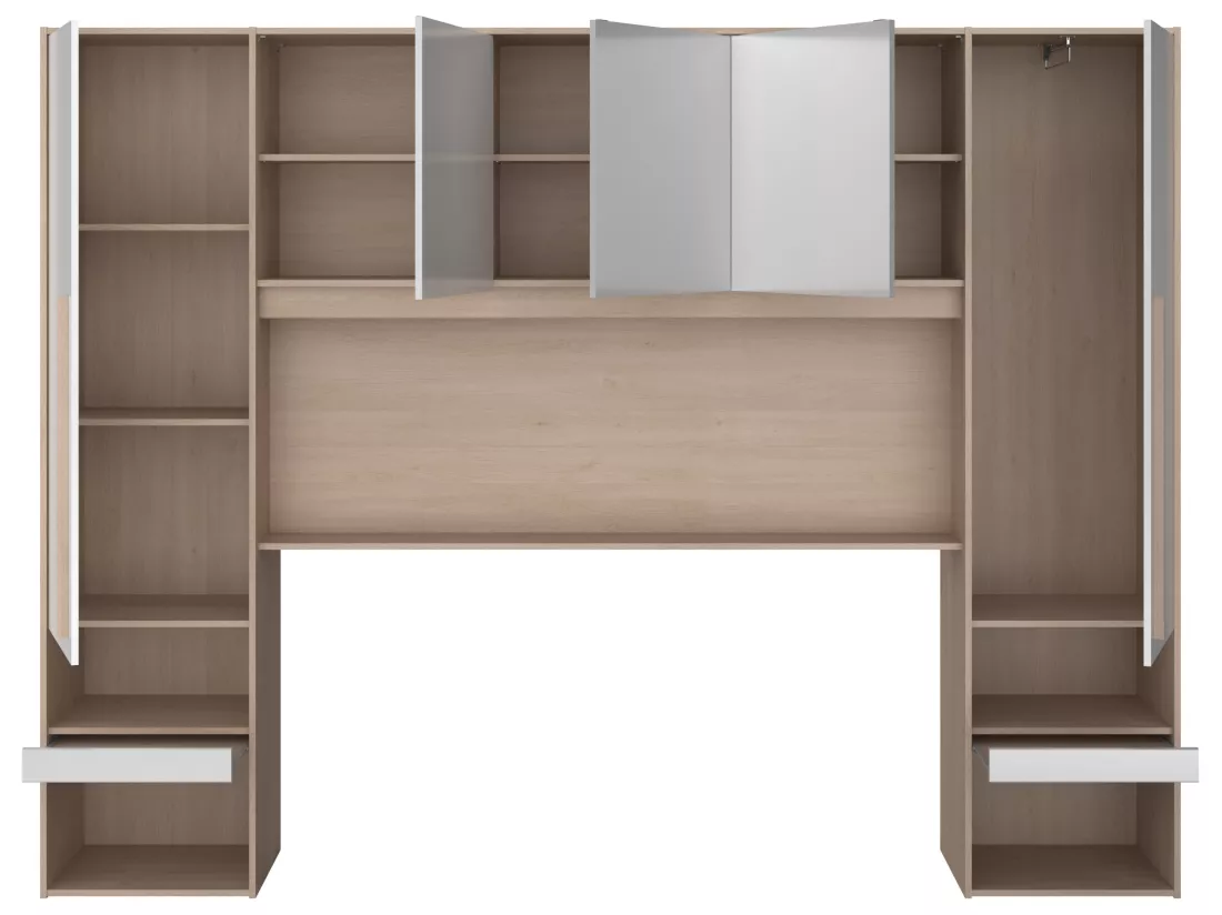 Lit pont 140 x 190 cm avec rangements - avec LEDs - Coloris : Naturel et blanc brillant + Sommier - VELONA