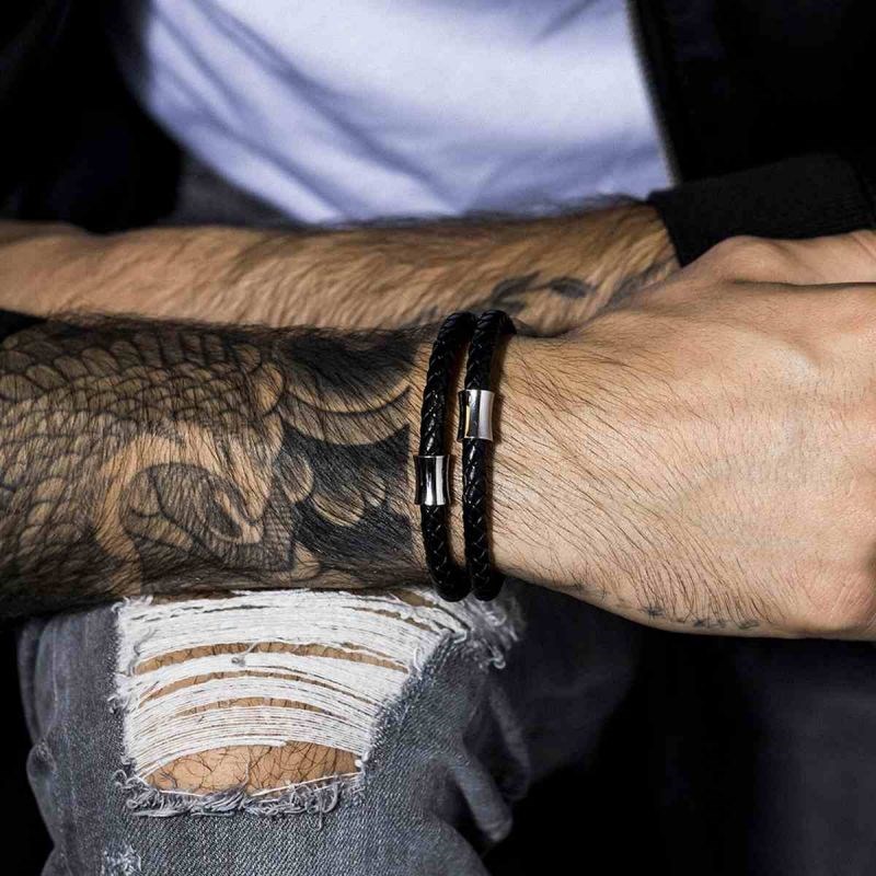 Bracelet Homme double tour cuir noir 