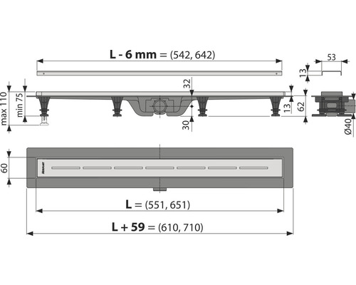 form&style douchegoot RAMREE 550 x 62 mm, afvoercapaciteit 27 l/min, rooster van roestvrij staal, mat