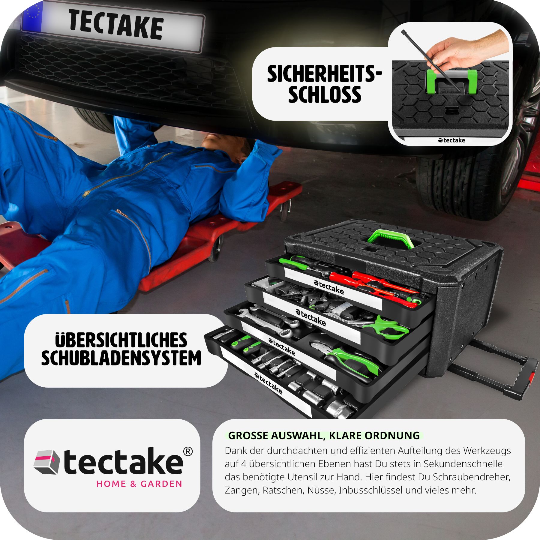 tectake® Werkzeugkoffer, 899-teilig, übersichtliche Anordnung auf 4 Ebenen, inklusive Sicherheitsstift, mit Klappgriff und Teleskopgriff